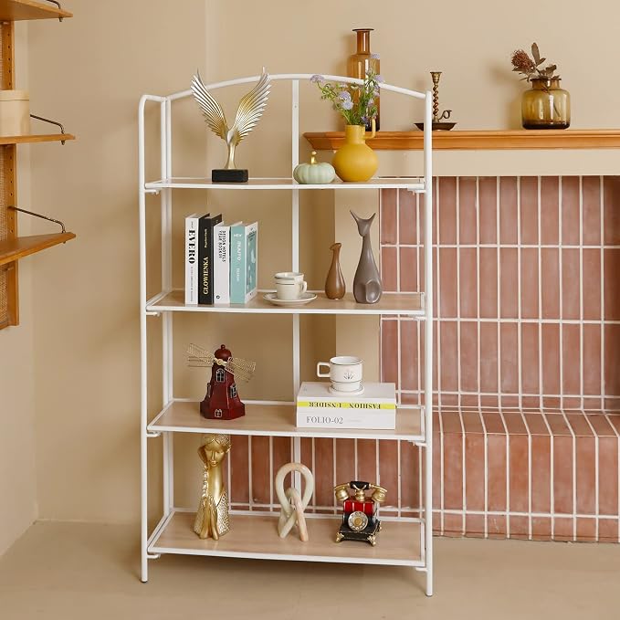 Crofy 4-Tier Wider Foldable Bookshelf, White Frame & White Oak Shelves | No-Assembly Collapsible Portable Storage Organizer; Sturdy White Oak Finish Shelves; Ideal for Living Room & Home Office