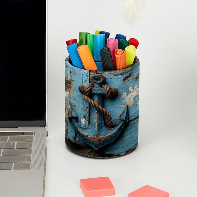 Leather Pen Holder for Desk, Retro Anchor Pencil Cup Pen Organizer Makeup Brush Holder for Office Home Kids Countertop Desk Accessory Storage