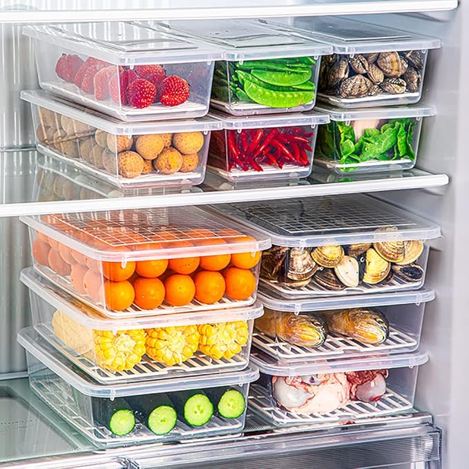 SOUJOY 6 Pack Produce Saver Container, 1.5L Food Storage Containers for Fridge with Lid, Stackable Fruits Storage Keeper with Removable Drain Plate for Vegetables, Meat, Fish Fresh and Dry