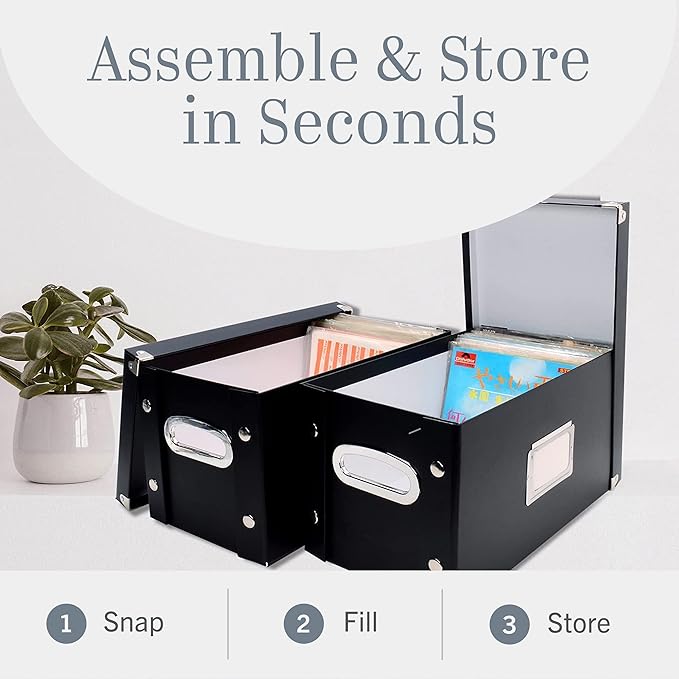 Snap-N-Store Vinyl Record Storage Box - 7"/45 RPM - 2 Pack- Crate Holds up to 75 Vinyl Albums - Black