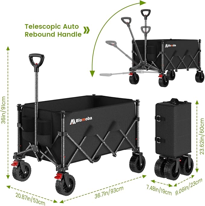 Blomoba Folding Wagon Cart with Wheels, 180L 330LBS Heavy Duty Utility Wagon, Beach Wagon with All-Terrain Wheels, Portable Grocery Wagons for Camping, Shopping, Garden, Sports, Black