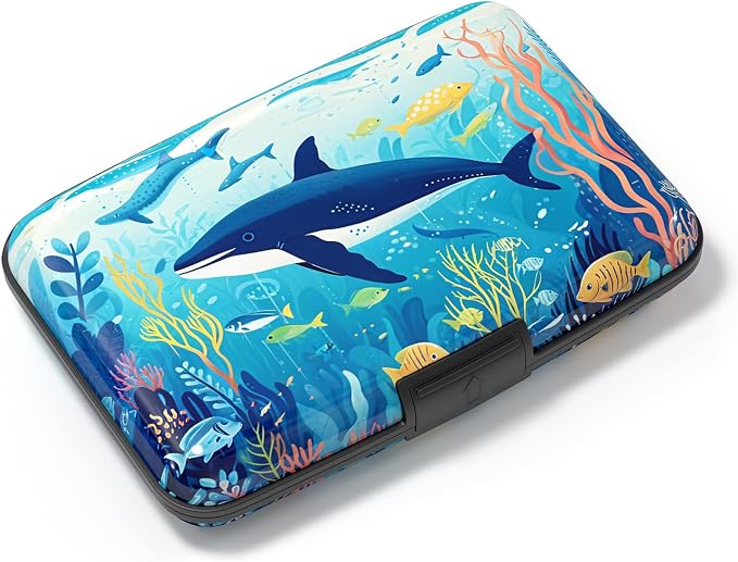 Credit Card Holder, Mini Aluminum Card Wallet RFID Blocking Slim Metal Hard Card Case for Women Men, Whales