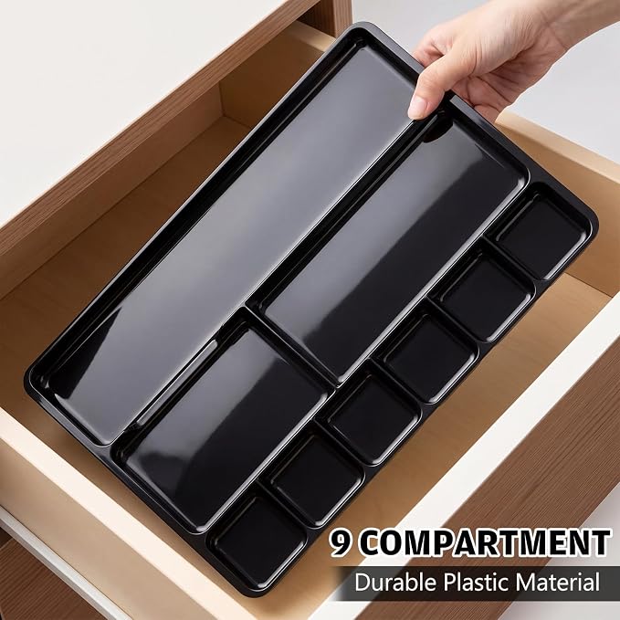 Junkin 2 Pcs Shallow Drawer Organizers 14" x 9" x 1" Desk Drawer Organizer Tray with 9 Storage Compartments for Home Office Classroom School Organizing Pens Paper Clips Sticky Notes (Black)
