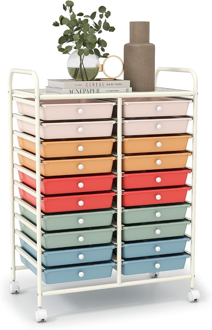 LDAILY 20-Drawer Rolling Storage Cart, Rolling Storage Cart, Storage Organizer on Wheels, Metal Frame, Scrapbook Paper Tools, Suitable for Office School, Classroom (Macaron, 20 Drawer)