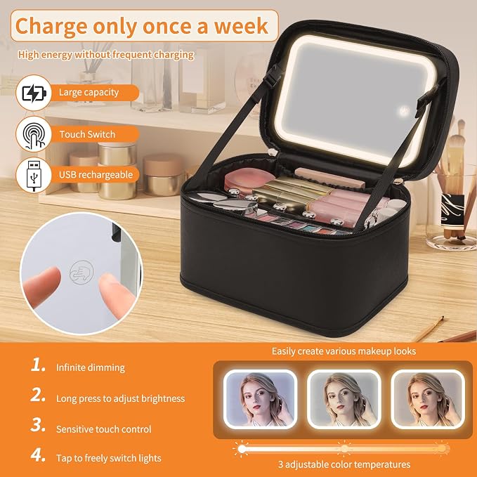 OCHEAL Makeup Bag With LED Mirror, Travel Makeup Bag With 3 Color Setting Light Up Mirror Cosmetic Makeup Organizer Vanity Case for Women Beauty Tools Accessories Rechargeable Makeup Travel Bag-Black