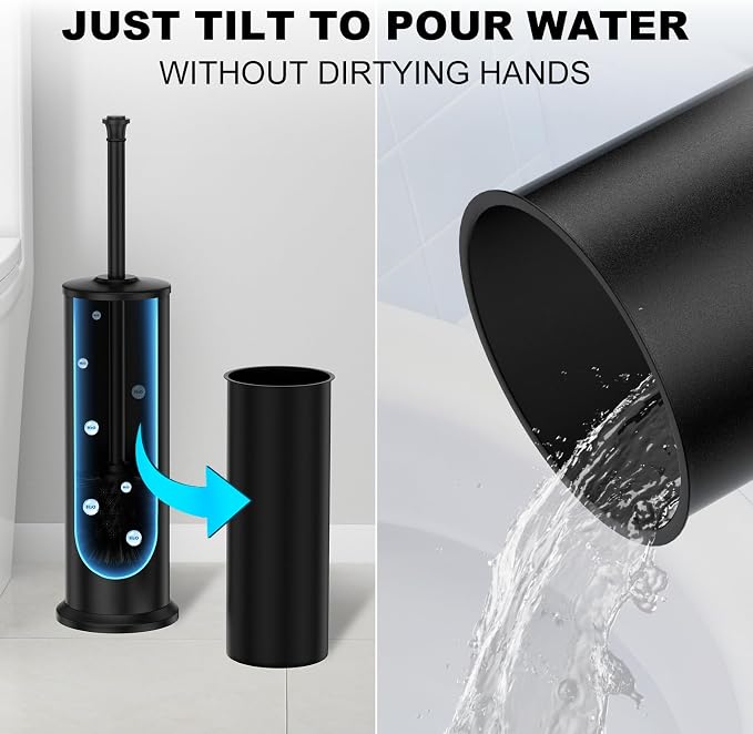 Black Toilet Brush and Holder，Extra Long Handled Toilet Brush for Bathroom，Stainless Steel Heavy Duty Toilet Bowl Brush,Removable Inner Bowl,Deep Cleaning Dense Bristles Cleaner Brush -Space Saving