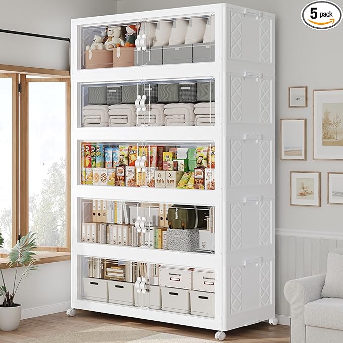 150Gal Stackable Storage Bins with Lid, 600Qt Extra Large Collapsible Storage Box with Doors and Wheels, Plastic Closet Organizer and Storage Cabinet Drawer for Home Kitchen, 5Pack White