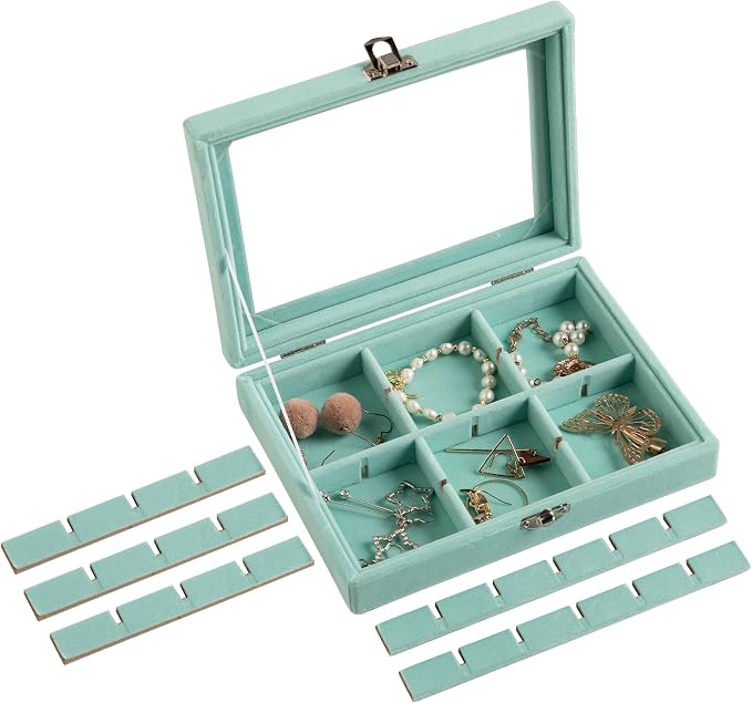 Frebeauty 24 Grid Earring Organizer,Small Velvet Jewelry Tray with Lid | Portable Jewelry Box for Rings Stud,Velvet Lining for Protecting Jewelry,Adjustable Dividers,Glass Lid for Clear Review