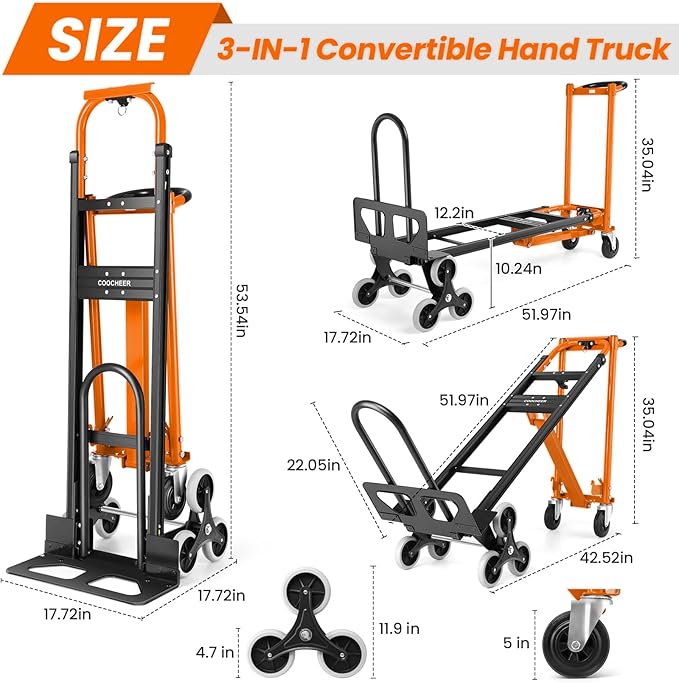 4-in-1 Hand Truck Dolly Heavy Duty Industrial Convertible, 1000 LBS Stair Climbing Cart Utility Cart Converts from Hand Trucks Dolly to Platform Cart Folding Stair Climbing Cart (Orange)