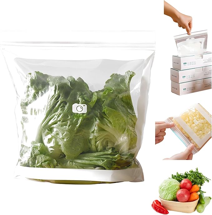 Kitchen Food Grade Fresh Keeping Bags, Reusable Sealed Bags for Vegetables & Fruits, Clear Plastic Storage Bag for Refrigerator, Dual Interlocking Seal (L, 15counts)
