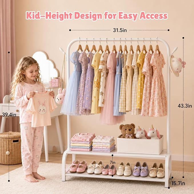 Kids Clothing Rack with 2 Fabric Storage Shelves & Hooks, Portable Kids Clothes Rack for Coats Skirts, Small Toddler Hanging Clothes Organizer, Kids Closet Storage Unit, Off White