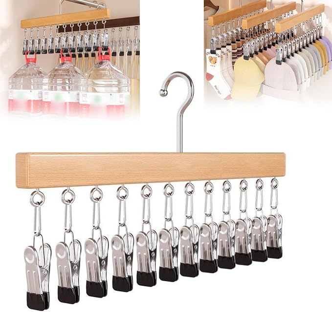 Closet Organizer with 12 Clips, Space Saving Hanging Closet Storage for Hats, Scarves, Jeans, Skirts, Socks, Pants, Multi-Purpose Clip Hanger(Wood TypeA)