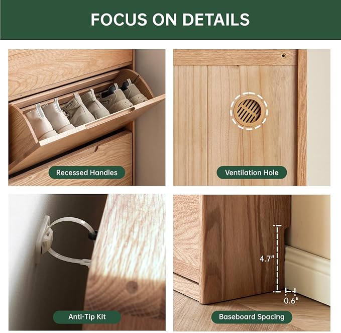 Fully-Assembled Oak Shoe Cabinet with 3 Flip Drawers, Solid Wood Shoe Storage Cabinet, Narrow Shoe Organizer for Entryway, 7.9" x 33.5" x 45.7", Oak Wood, Natural
