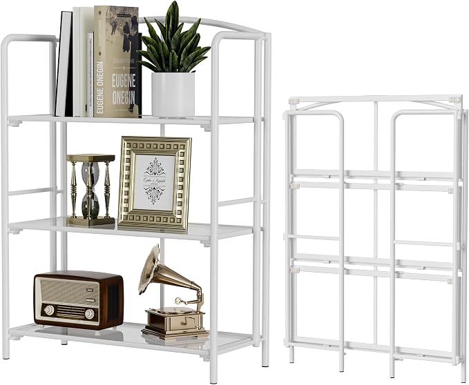 Crofy 3-Tier Wider Foldable Bookshelf, White Frame & Transparent Shelves | No-Assembly Collapsible Portable Storage Organizer; Sturdy Transparent Shelves; Ideal for Living Room & Home Office