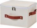 Storage Bin Box with Zippered Lid Cotton Linen Fabric Decorative Basket with PU Leather Handles PP Plastic Board Foldable Lidded Clothing Shelf Closet Organizer Container (Beige, Small)
