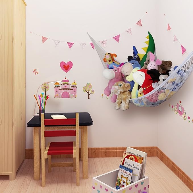 Toy Hammock for Stuffed Animals, 80" Jumbo Strong Mesh Toy Organizer with Metal Hooks, Extra Large Triangular Hanging Storage Net White (Toy Hammock)