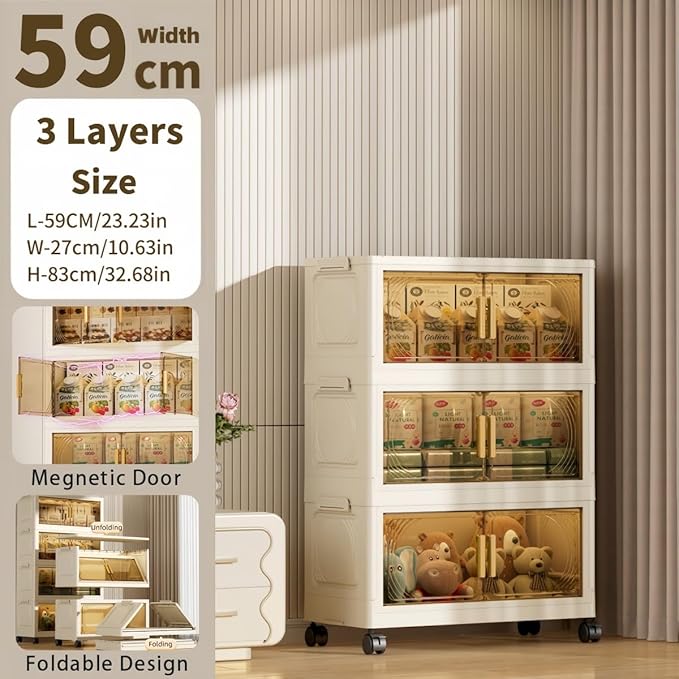 3-Tier Stackable Storage Bins with Wheels & Magnetic Doors, Foldable Collapsible Organizer Cabinet with Lids, 40 QT Arc-Design Clear Storage Boxes for Bedroom, Kitchen, Office, Dorm