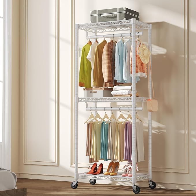NEWBULIG Heavy Duty Clothing Rack with Wheels, 3-Tier Adjustable Wire Garment Rack, Metal Freestanding Closet Organizer System with Double Hanging Rods & 8 Side Hooks, 29" x 15" x 75", White