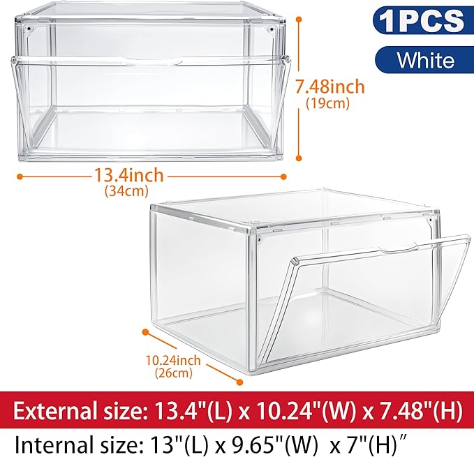 Clear Acrylic Shoe Boxes Stackable, Magnetic Clear Shoe Storage Boxes Fits Men’s US Size 12.5, Acrylic Sneaker Display Organizer, Drop Side Shoe Containers for Entryway & Sneaker, 1 Pack