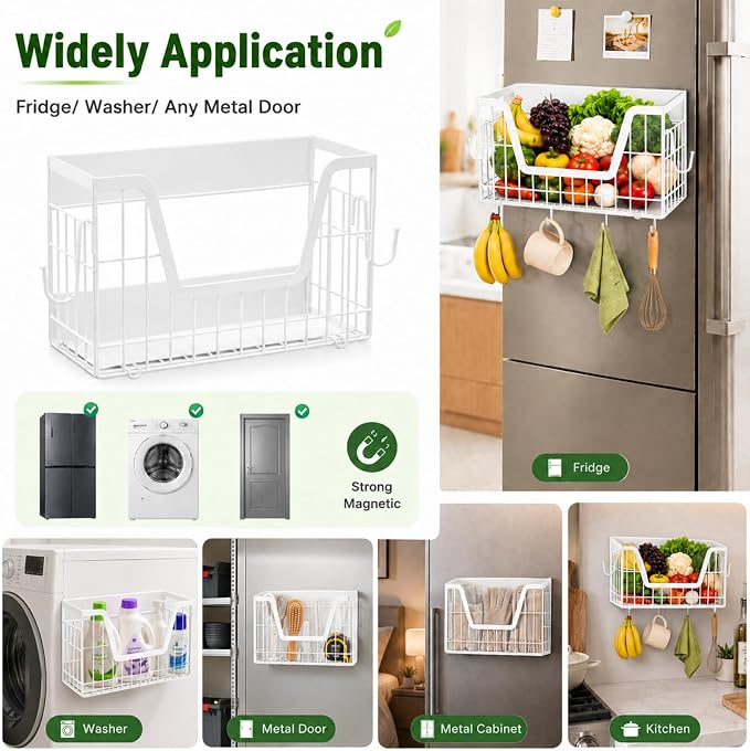 UFORU 2 Set Magnetic Shelf for Fridge, Magnetic Fruit Basket for Refrigerator, Potato Onion Storage Bins with Strong Magnets, Fridge Magnetic Spice Rack for Pantry Kitchen Counter Laundry Room, White