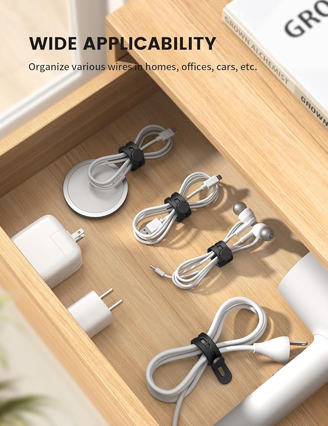 Lamicall 10Pack Silicone Cable Ties Cord Organizer - Reusable Cord Management Wraps, Stretchy Rubber Charger Cable Strap Ties, Skin-Friendly Electrical Wire Keeper for Travel, Home Office Accessories