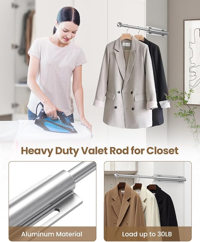 Supforce Valet Rod for Closet Pull Out, Retractable Slide Out Valet Rod Closet Organization, 12" Aluminum Valet Clothing Hanger Rods Perfect for Suits, Freshly Pressed Clothes, Brushed Silver