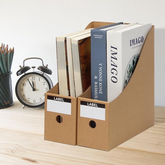12 Pcs Cardboard Magazine File Holder Boxes with Labels | Magazine Holder Desk Organizer for Documents Storage, Foldable Folder Holder File Organizer Box Vertical File Folder Box