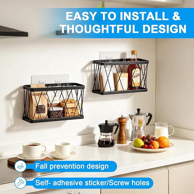 8 Pack Cabinet Door Organizer,No Drill Adhesive Metal Pot Lid Holder with 4 Storage Baskets &4 Tumbler Lid Holders,Rustproof Inside Cabinet Food Container Lid Storage Rack for Kitchen Pantry Bathroom