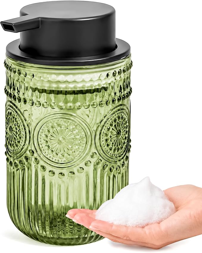Foam Hand Soap Dispenser Glass, Green Foaming Hand Soap Dispenser | Reusable Foam Soap Dispenser with Black Foam Pump for Bathroom, Kitchen Decor,13.8 oz Large Capacity