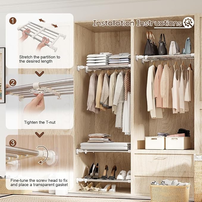 Tension Shelf Expandable Rod Closet Tension Shelf Heavy Duty Clothes Hanger | System Heavy Duty Clothes Hanger Adjustable DIY Garage Bathroom Kitchen Storage Organizer Shoe Rack, Plant Stand, Bookshelf