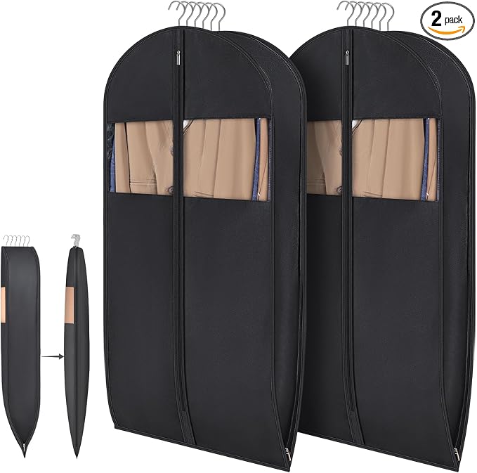 Syeeiex 43'' Garment Bags for Hanging Clothes with 8'' Gussets,Space Saving Hanging Garment Bag with Self Compression Zipper - Save 50% Space-Can Hold 6 Down Coats,8 Fur & Winter Coats,20 Shirts(2PCS)