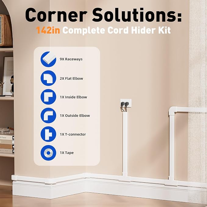 Delamu Cord Hider, 142in Cable Hider, Cord Covers for 3-4 Wires on Wall, Wire Covers for Cords, Wire Hiders for TV on Wall, Easier Setup Cable Cover Cable Management, W1.18 H0.63in, White