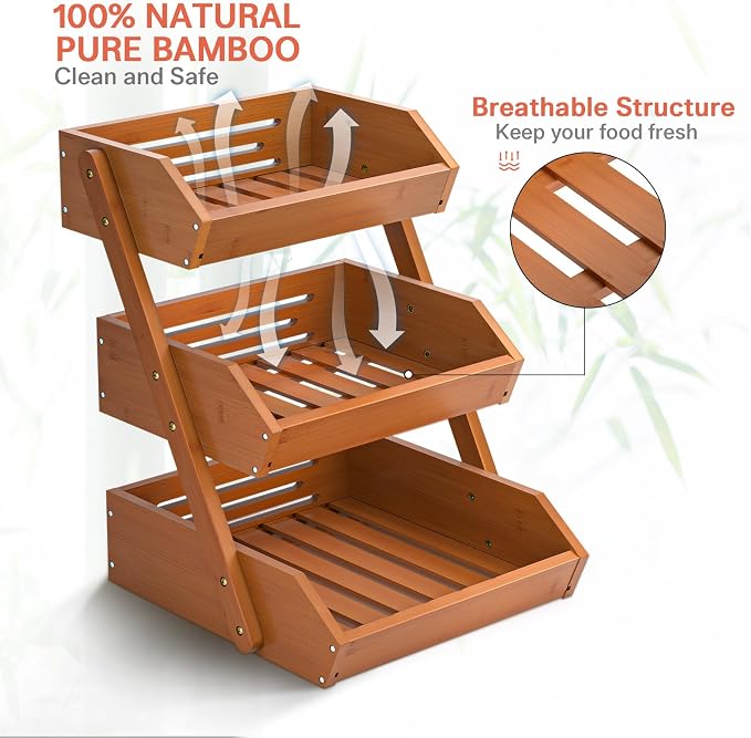 G.a HOMEFAVOR 3-Tier Fruit Basket for Kitchen Counter, Brown, Self-assembly | Bamboo Fruit Bowl, Vegetable Storage and Home Organizer, 15 mm Thickness