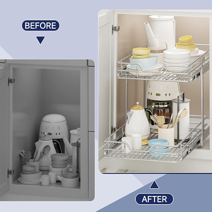 2-Tier Pull Out Cabinet Organizer, 14.5" W x 21.5" D, Heavy Duty Dual Slide Out Shelves for Base Cabinets, Chrome Wire Basket Drawer for Pantry, Kitchen & Bathroom Storage