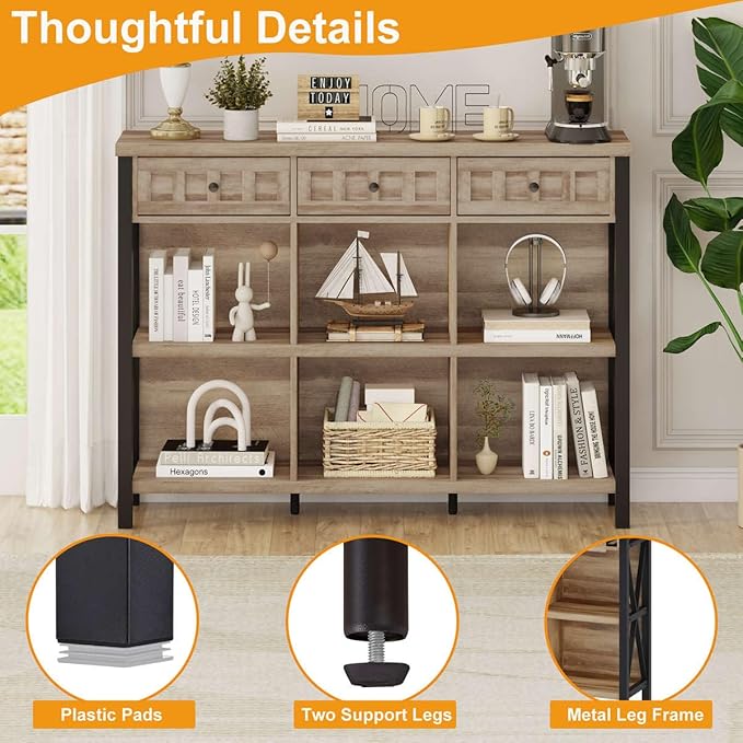 FATORRI Rustic 6 Cube Storage Organizer Bookshelf with 3 Drawers, 47 Inch Long Horizontal Bookshelf, Industrial Wood Short Low Cube Bookcase for Living Room, Home Office (Rustic Oak)