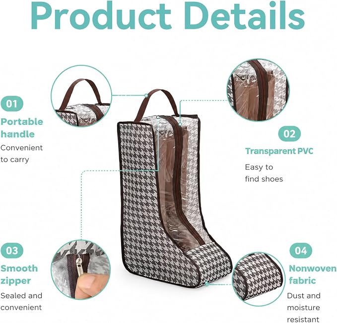 Boot Storage Bag Organizer,Dustproof Boot Bags for Cowboy Boots,Portable Travel Shoe Protector Bags,Tall Boot Covers Storage Organizer for Packing (1 Short + 2 Long Houndstooth)