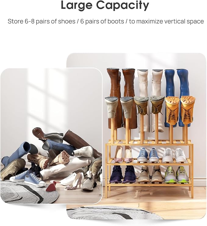 viewcare Boot Rack with Shoe Rack, Boot Rack Organizer Tall Boots for Closet, Bamboo Wood Shoe Shelf Storage Organizer for Entryway Small Space