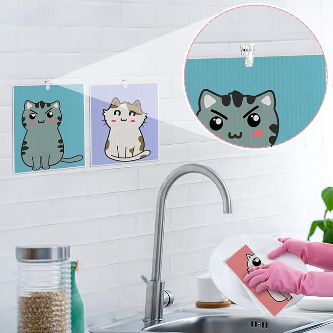 6 Pack Swedish Dishcloths for Kitchen, Cat Gifts for Cat Lovers Swedish Rags Absorbent Dish Cloth with Adhesive Clips, Reusable Paper Towels No Odor for Countertop Sink Kitchen Cat Mom Gift for Women