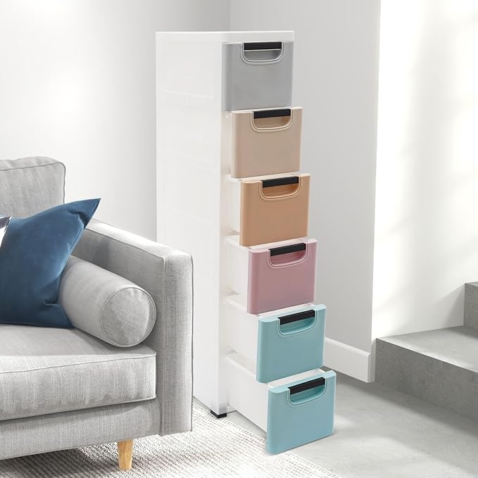 6 Drawers Narrow Storage Cabinet, Stackable Plastic Storage Tower Slim Utility Organizer for Kitchen Bathroom Living Room Office (Multicolor)