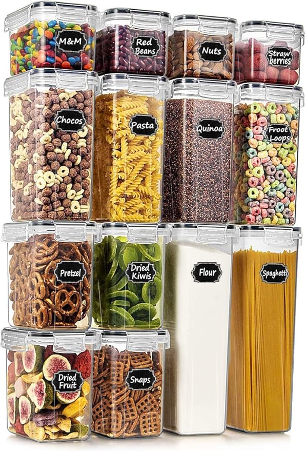 Wildone Airtight Food Storage Containers with Lids, 14PC Plastic Kitchen Storage Containers for Pantry Organization and Storage, Cereal, Flour and Sugar Containers, Include 20 Labels & Pen