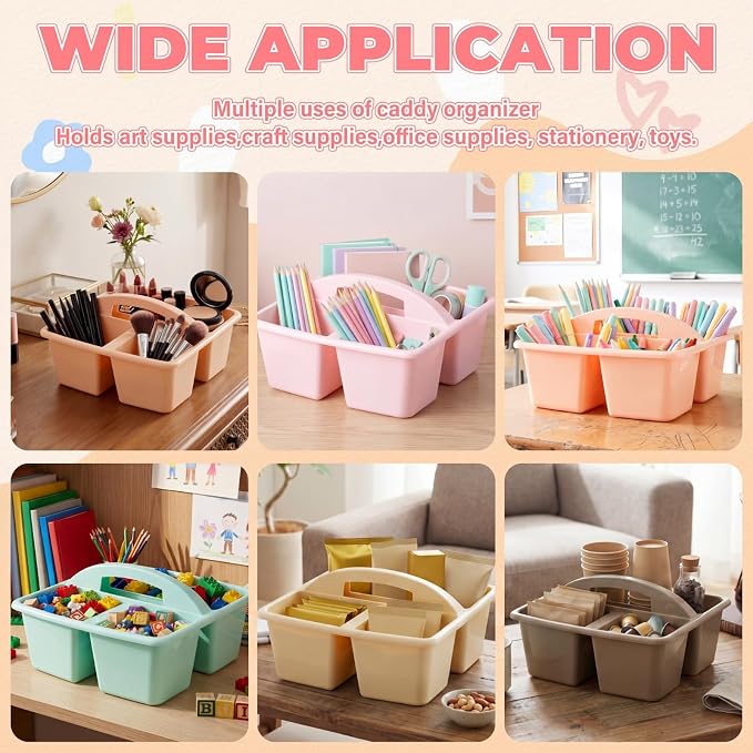 Kathfly 6 Pack Classroom Caddy Organizer with Handle, Plastic Art Craft Cleaning Caddy Bulk, Small Multipurpose Supply Organization Storage Basket for Table Desk Office Pencil Teacher (Morandi Color)