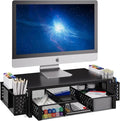Simple Trending Desk Organizer and Accessories, 2-Tier Computer Monitor Stand Riser with Drawer & 2 Pen Holders, Office Desk Accessories & Workspace, Laptop & Printer Stand for Desktop, Black