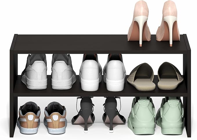 Furinno FANO 2-Tier Shoe Rack, Stackable Shoe Organizer, Dark Oak | 11.7 x 24.2 x 11.7, 24" Width Shoes Storage, for Closet Entryway, Office, Garage
