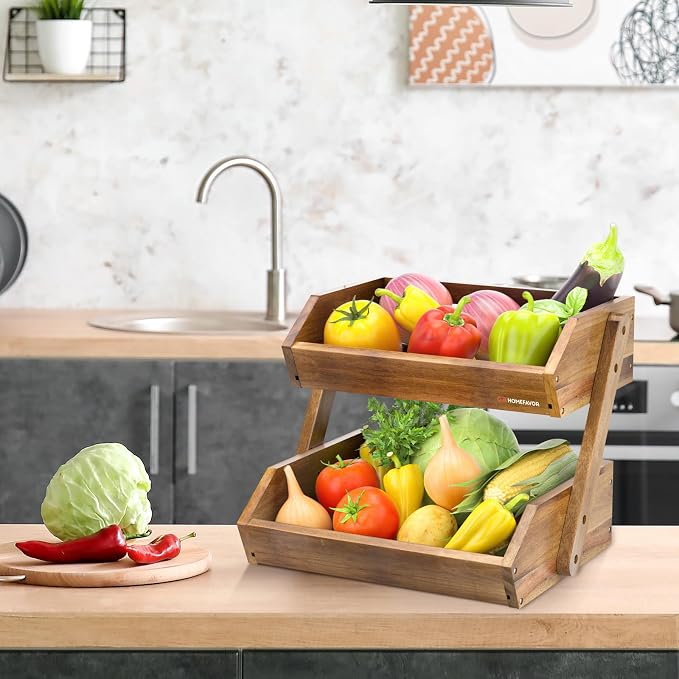 G.a HOMEFAVOR Fruit Basket: 2-Tier Acacia Wood Fruit Bowl for Kitchen, Fruit Stand Storage Holder for Vegetables and Snack Home Kitchen Countertop Organizer (Self-assembly)