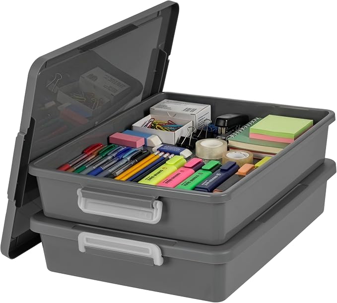 IRIS USA 6 Qt. Plastic Craft Storage Container Bins with Lids, 2 Pack, Small Art & Office Supply Organizer Tote, Sensory Bins & Boxes for Home & University, Stackable, Secure Latch Buckles, Gray
