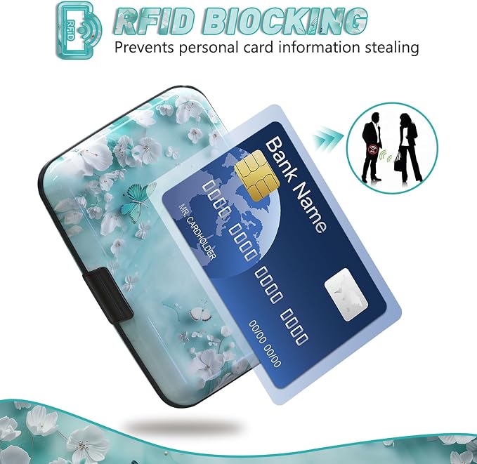 Credit Card Holder, Mini RFID Small Aluminum Card Wallet Business Card Case | Blocking Slim Metal RFID Blocking Front Pocket Wallet Hard Case Durable CC Holder for Women Girls, Green Teal Butterfly