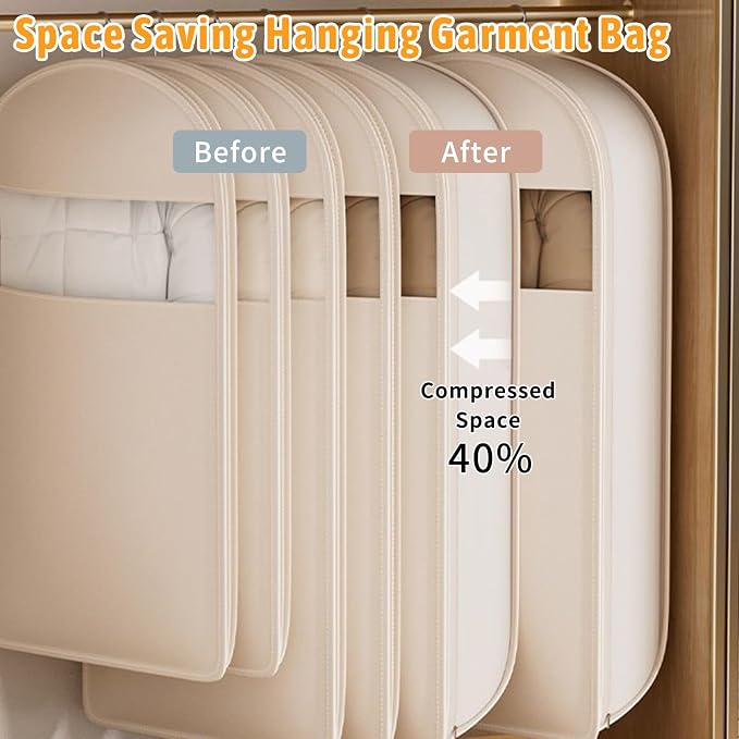 Space Saving Hanging Garment Bag with Self Compression Zipper,Space Saving Hanging Protector for Down Coat, Transparent Visibility Space Savin gown Coat Compression Dust Cover for Closet Storage