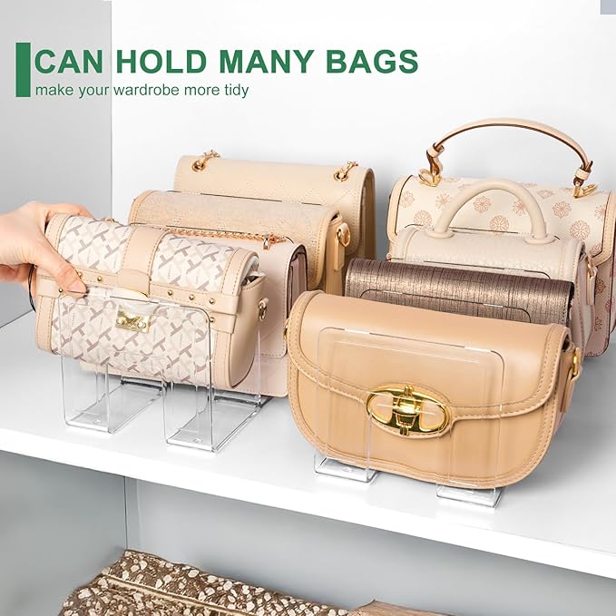 2 Pack Acrylic Purse Organizer for Closet, 8-Slot Bag & Purse Organizer, No Assembly, Clear Handbag Storage Shelf .for Shelf Divider Handbags, Clothes, Sweater
