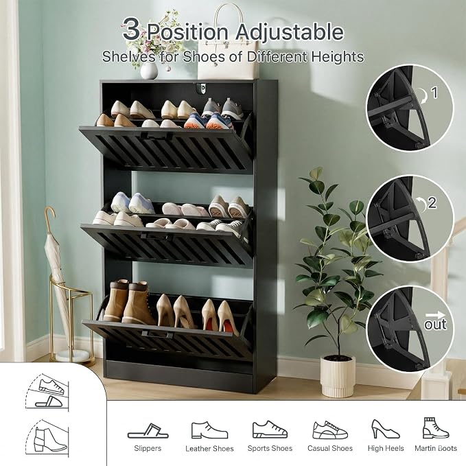 Shoe Storage Cabinet for Entryway with 3 Flip Drawers, Wooden Shoe Organizer with Adjustable Shelf, Freestanding Wood Fluted Panel Shoes Cabinet Closed Shoe Rack for Hallway Foyer, Black