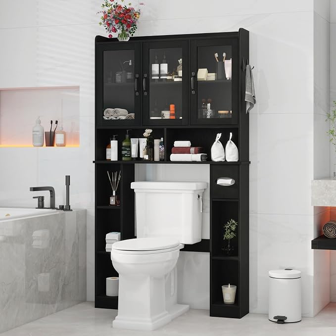 Vabches Over The Toilet Storage Cabinet with Glass Doors, Black | Farmhouse Bathroom Organizer with Adjustable Shelf, Home Space-Saving Toilet Rack,for Restroom,Bathroom, Laundry
